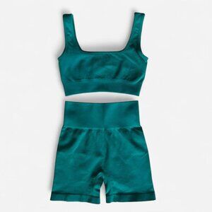Teal Ribbed Seamless Workout Set Sports Bra & Biker Shorts S